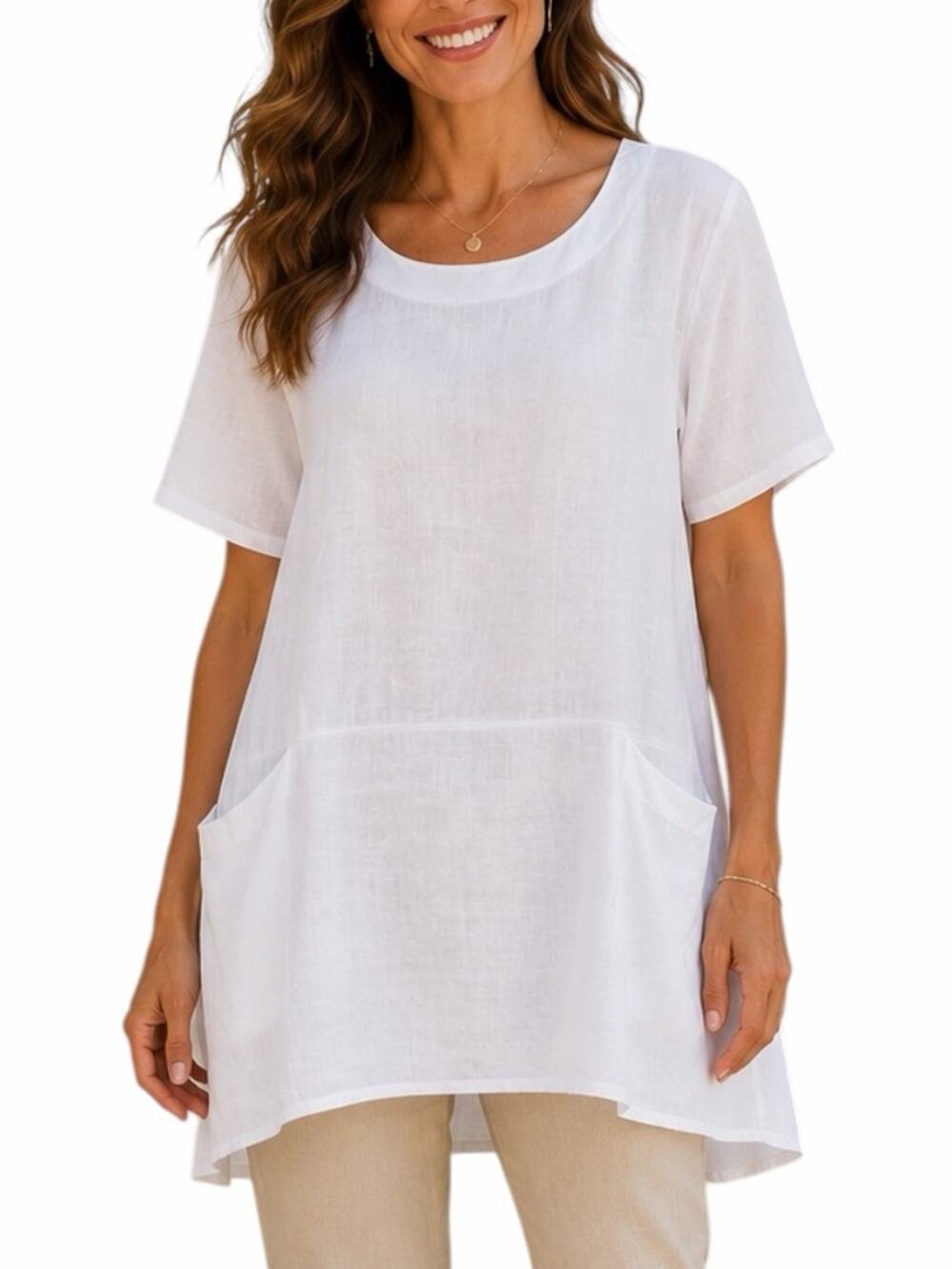 PURE Venice Linen Tunic Top L Oversized Pockets Lagenlook White Made in Italy